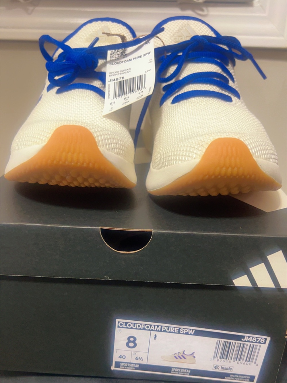 adidas Kids Cloudfoam Sneakers in White with Blue Laces and Gum Sole